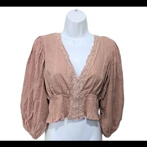 Trinity Smocked Waist Ballon Long Sleeve Top Blouse M 90s Y2K Whimsical #2800